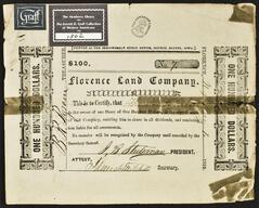Stock certificate, in the amount of $100, issued to Thomas Henshall, Florence, Nebraska Territory