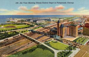 Air view showing Illinois Central Depot in Foreground, Chicago