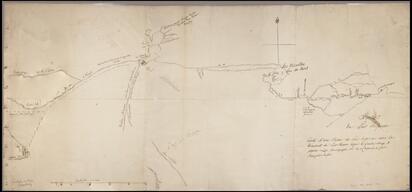 Carte d'une partie du Lac Superior avec la decouverte de la riviere depuis le grand portage A jusqu'au Lac Ouinpigon, ou on a construit le fort...