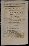 Discours prononce par Palissot, en presentant cinq nouveaux volumes des Œuvres de Voltaire, commentes par lui : seance du 21 germinal an 7