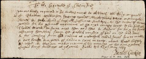Warrant to the Constable of Chelmsford Mass., 1669 May 5