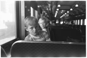 Boys riding in train, Chicago, May 1948