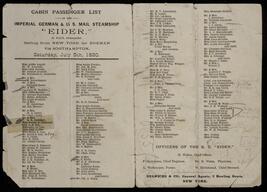 Cabin passenger list of the "Eider", Hermann Raster family papers, 1890