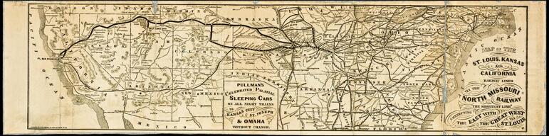 Map of the St. Louis, Kansas and California railway lines via the North Missouri Railway "the shortest line" connecting the east with the great west...